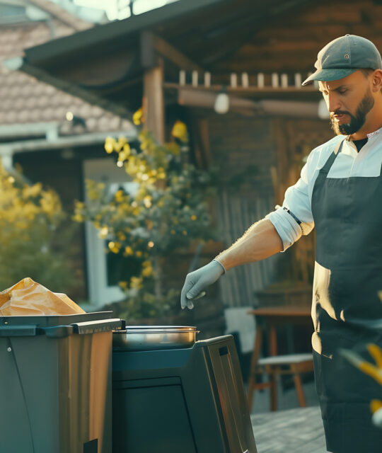 Waiter chef or kitchen worker responsibly throwing out garbage i