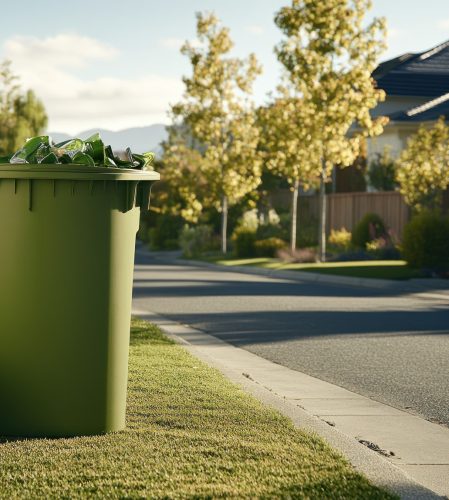 A green trash bin on a residential street surrounded by trees and houses.